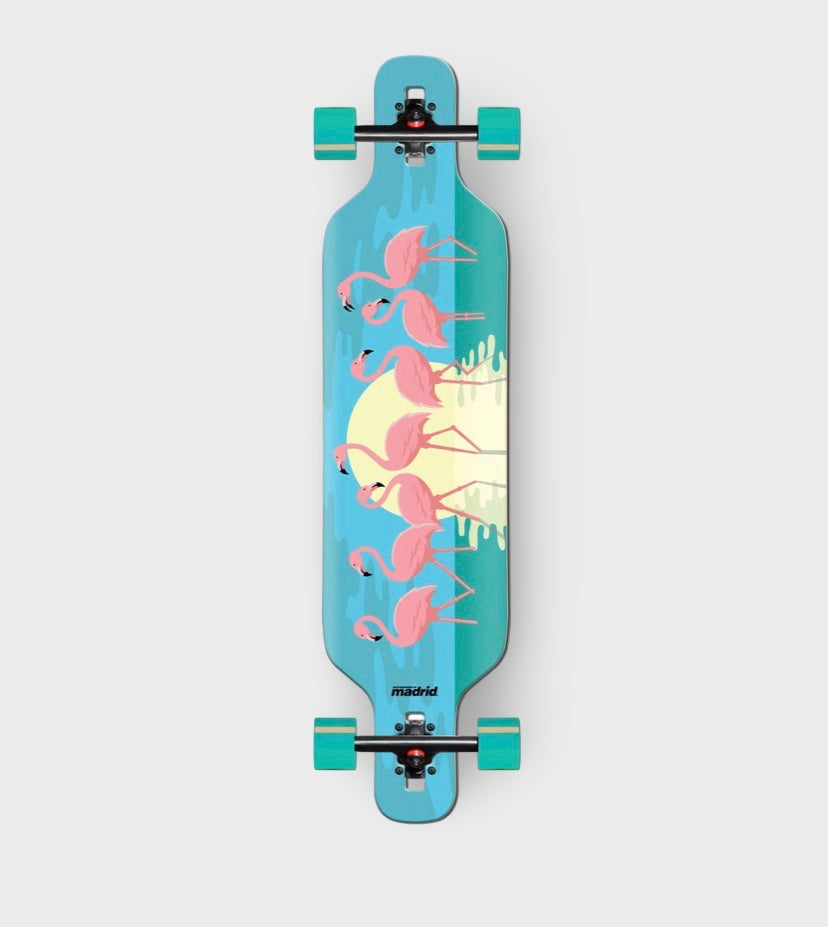 Madrid 9.62" X 40" Flamingos Top Mount Longboard Complete - Krudco. Skateshop