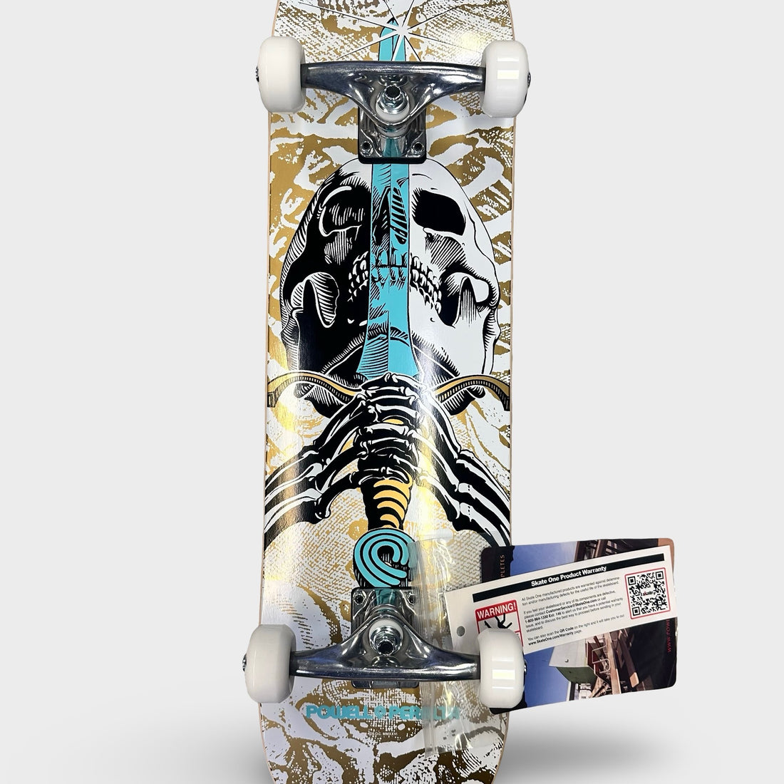 Powell skull and sword white/metallic /gold prebuilt complete. 8.0”wide