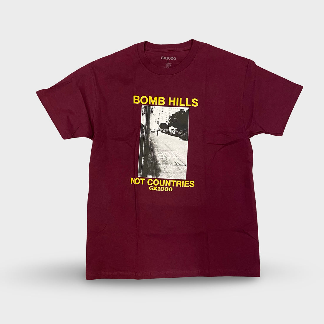 GX1000 Bomb Hills Not Countries T-Shirt Burgundy/Yellow - Krudco. Skateshop