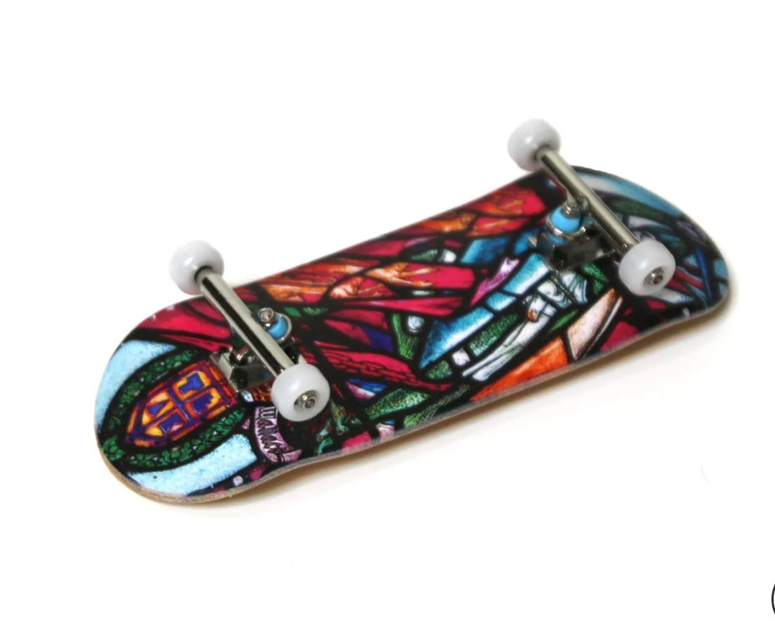 Heat Transfer Graphic 34mm Gen2 Fingerboard Complete - "Wallace Stained Glass" Edition - Krudco. Skateshop